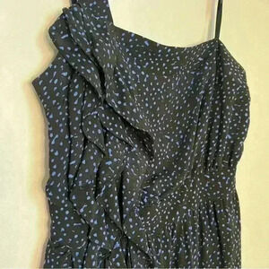 BCBGeneration Dress Size 4, One Shoulder Blue Black Polka Dot Ruffle EUC
